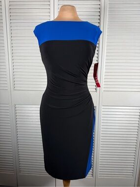 Lauren Ralph Lauren NWT Black Blue Ruched Faux Wrap Sheath Dress Size 4